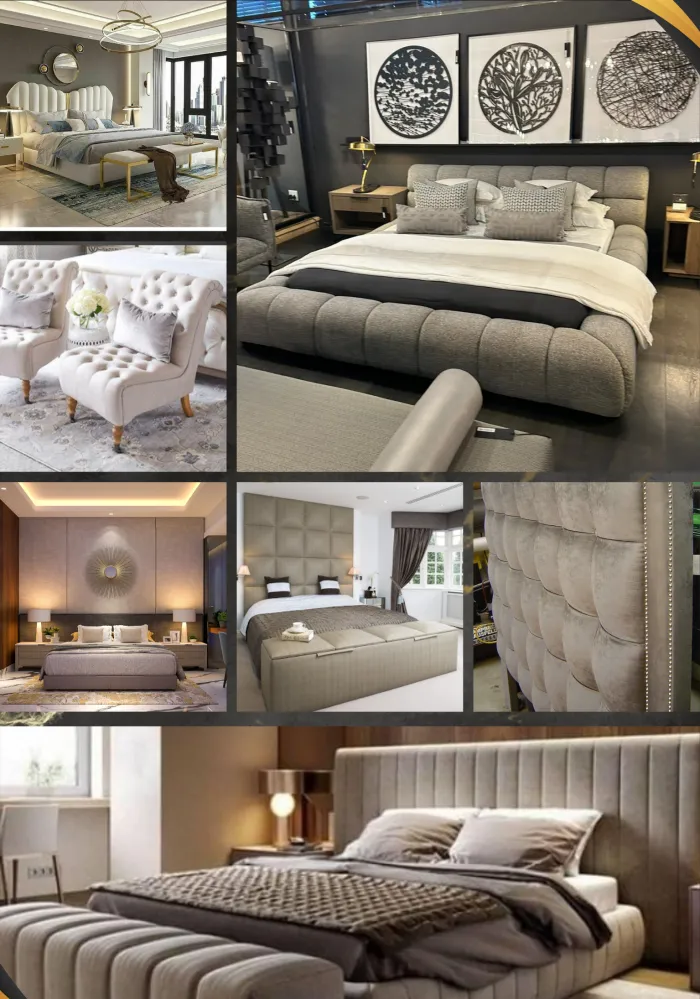 Upholstered beds with channel-tufted and buttoned headboards, plus a pair of wingback occasional chairs