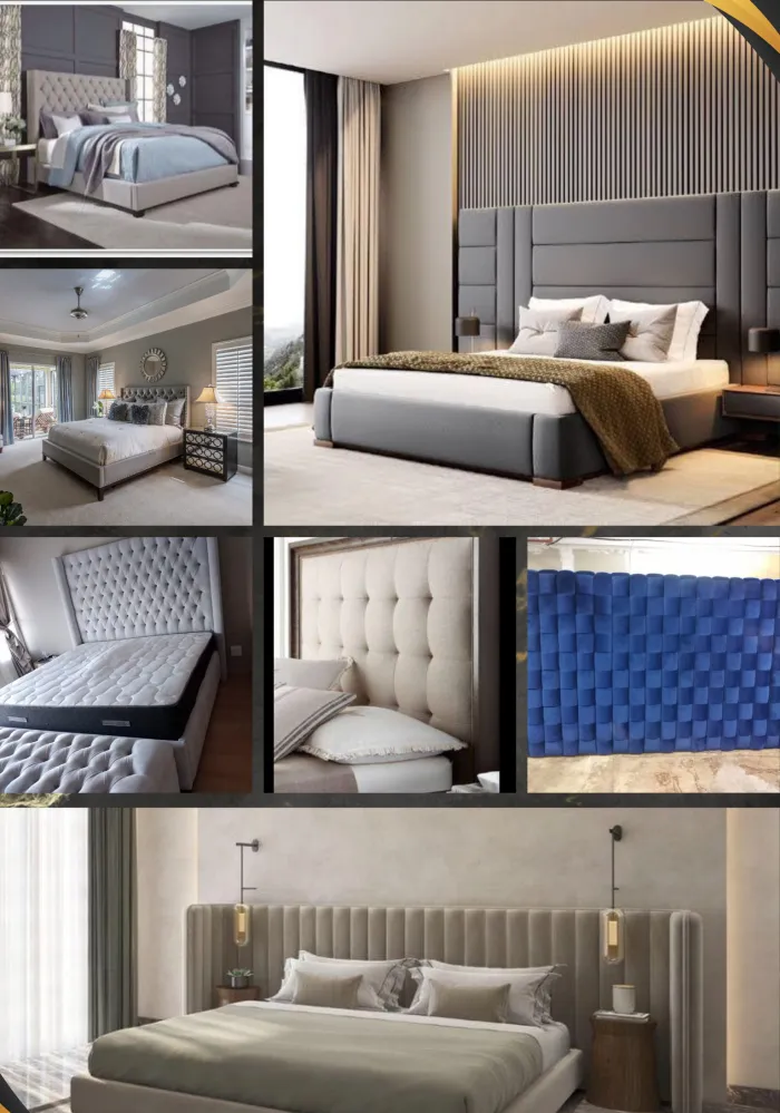 Tall panelled and buttoned headboards, upholstered bed bases and a deep blue velvet tufted panel
