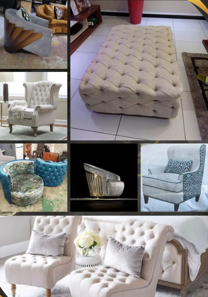 A large buttoned ottoman, wingback and tub chairs, and a pair of tufted armchairs