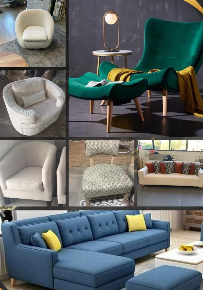 Boucle tub chairs, an emerald velvet armchair with footstool and a blue buttoned sofa