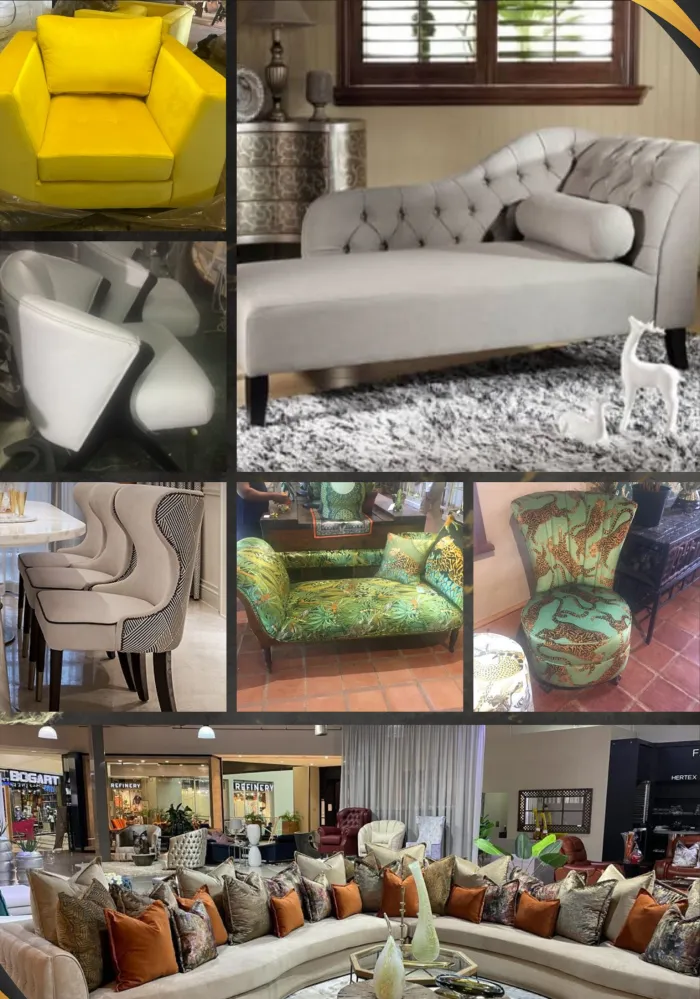 A yellow geometric armchair, buttoned chaise longue and a curved showroom sofa with scatter cushions