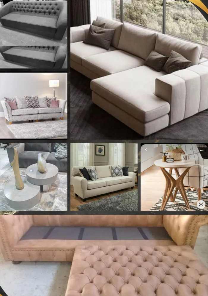 Grey and cream sectional sofas with matching occasional tables and a buttoned leather ottoman