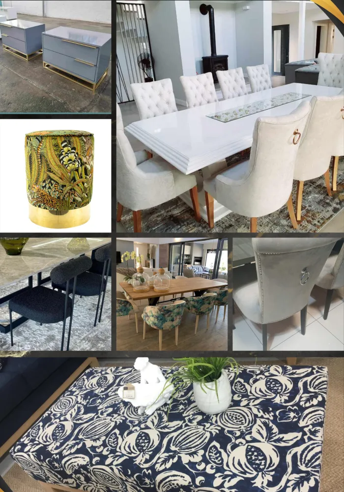A white gloss dining suite with upholstered chairs, a gilt side table and a patterned upholstered bench