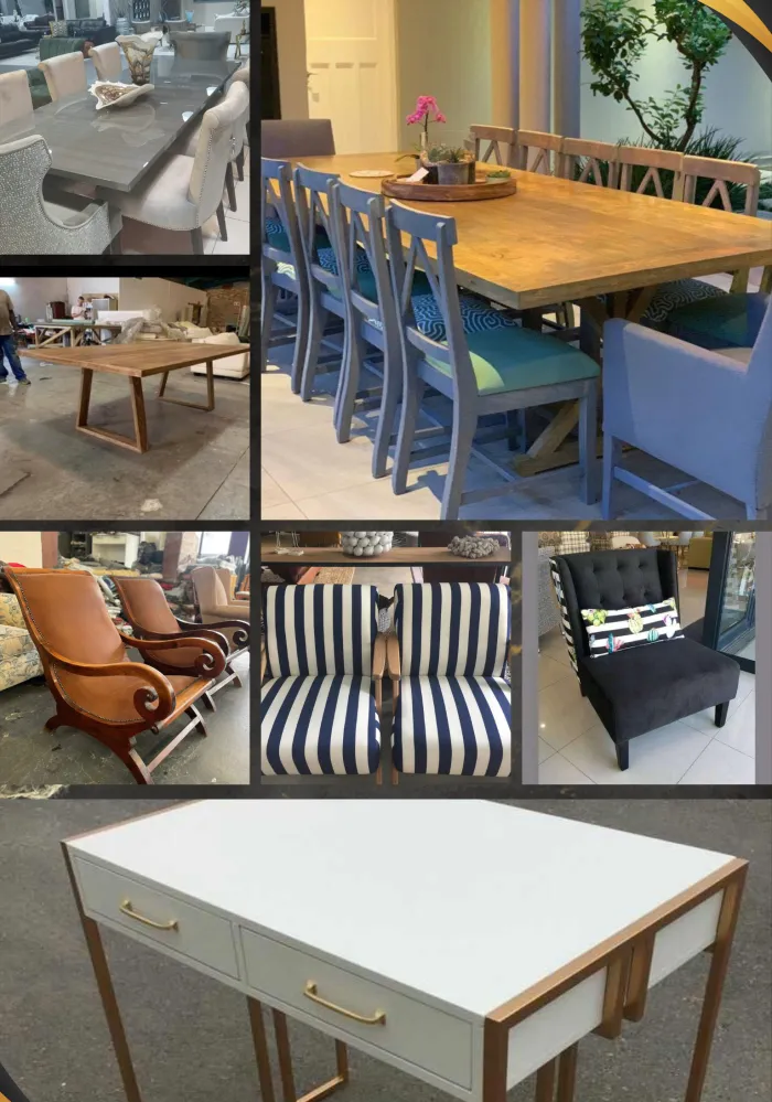 Dining tables with upholstered and blue-painted chairs, leather campaign chairs and a white and brass writing desk