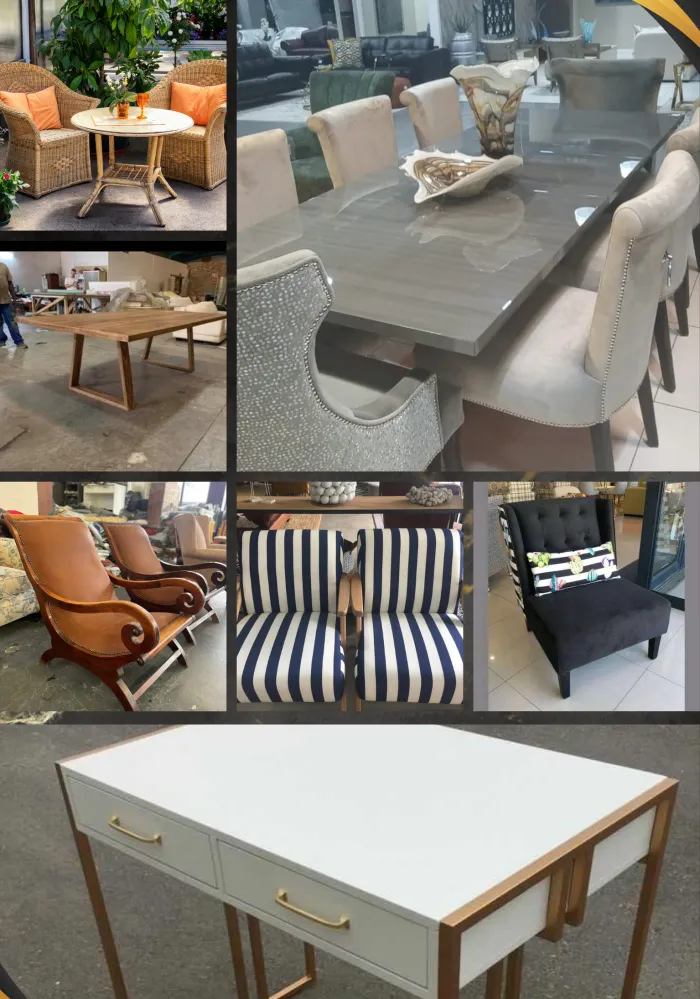 Patio dining sets in wicker and timber, striped occasional chairs and a glass-topped dining table