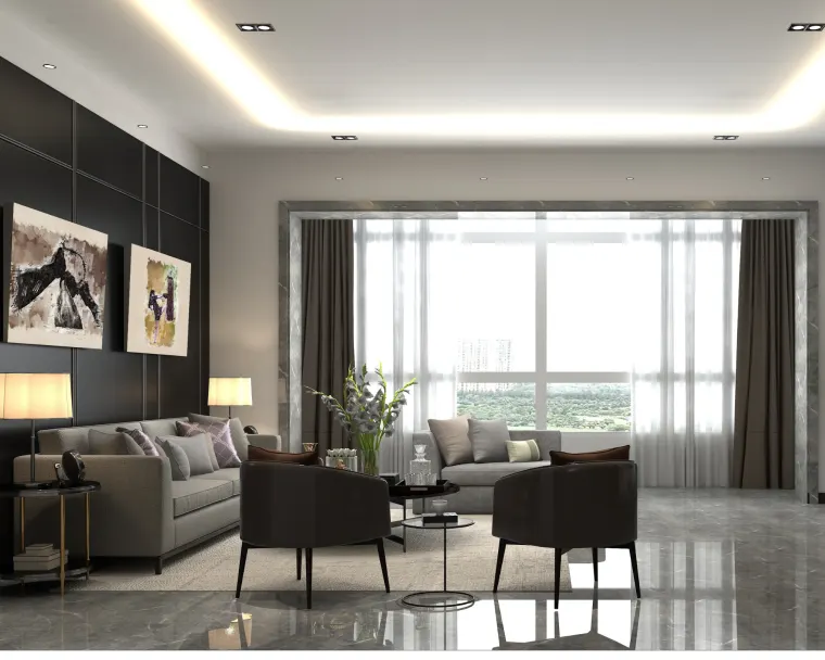 Contemporary lounge with a dark feature wall, low seating and full-height windows over a city view